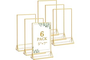 Floroom 6 Pack 5x7 Inch Clear Acrylic Sign Holders, Double-Sided Gold Display Stand Picture Frames for Table Numbers, Menus, Flyers, Weddings, and Offices