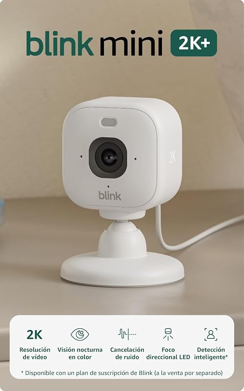 Câmara Blink Mini 2K+ (última geração) | Câmara de segurança doméstica com ficha, resolução de vídeo 2K, zoom 4x, visão noturna a cores | Compatível com Alexa | 1 câmara - Branca