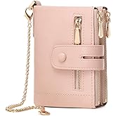 AOXONEL Wallets for Women Small Rfid Bifold Leather Ladies Wallet,Travel Billfolds Medium Size Card Holder with Removable Wristlet Chain,Multi-Card Slots,ID Window,Double Zipper Coin Pocket (Pink)