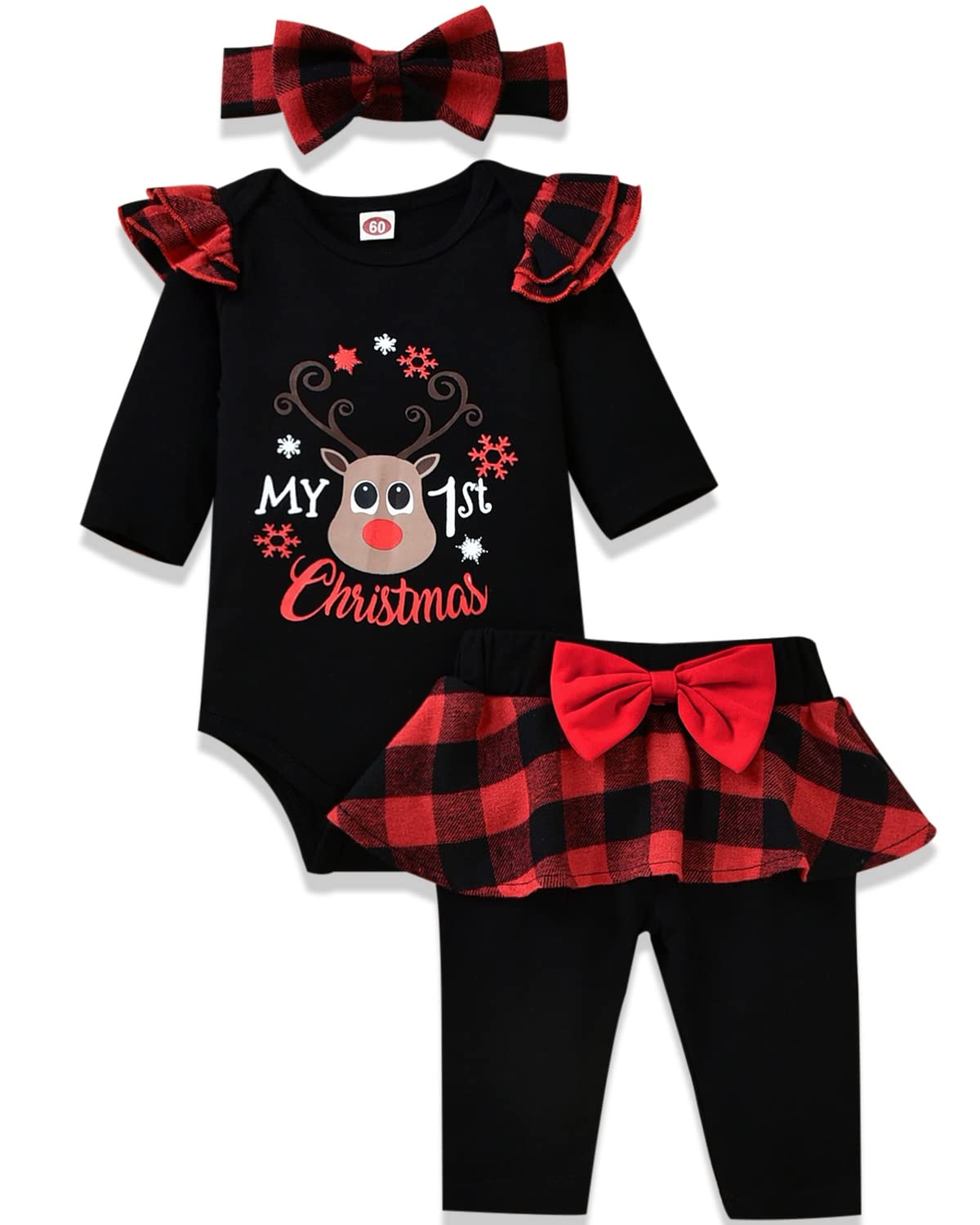 Photo 1 of Aalizzwell Baby Girl Christmas Outfits, Infant Girls My First Christmas Bodysuit Buffalo Plaid Pants Xmas Clothes 6-12 Months