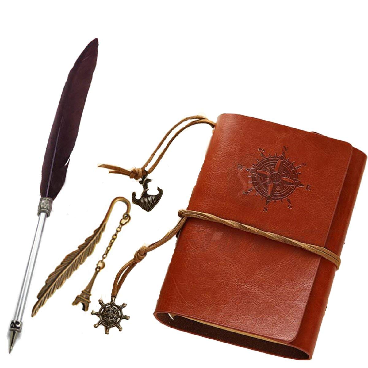 Xemz Refillable PU Leather Journal Notebook with Special Feather Ballpoint Pen and Bookmark, Unlined Paper Travel Diary Jotter, Handmade Leather Notepad, Vintage Art Sketchbook, Punk Cover (brown)