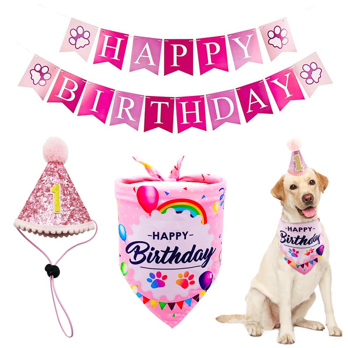 BIPY Pink Dog 1st Birthday Hat Bandana Banner for Girls Small Medium Dogs Cats Soft Bibs Doggy Party Grooming Supplies Celebration Birthday Bandana Set Costumes Headwear — image 1