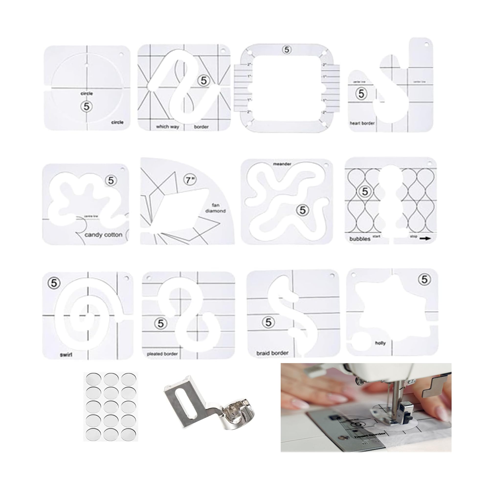 Photo 1 of MJFUNTXY Free Motion Quilting Template,14pcs Free Motion Quilting Template Rulers Set with 11 Quilting Templates,Quilting Frame,High Shank Ruler Foot and Quilting Stickers