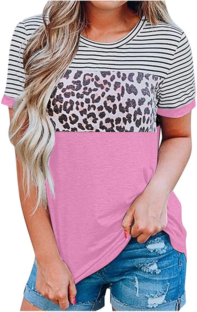 ZEFOTIM Women Short Sleeve Casual Comfy Leopard Stripe Tunics Loose Tops Blouse T Shirt