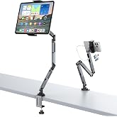 ORICO Tablet Stand with USB-C Hub, 3-Section Aluminum arm, RA1-3P, Gray | 4-axis adjustment, USB-C hub SD/TF/USB-A, 2.6" C-clamp, 360&deg; rotate, 5&ndash;12.9" tablets, Includes Phone Clip, desk/bedside use