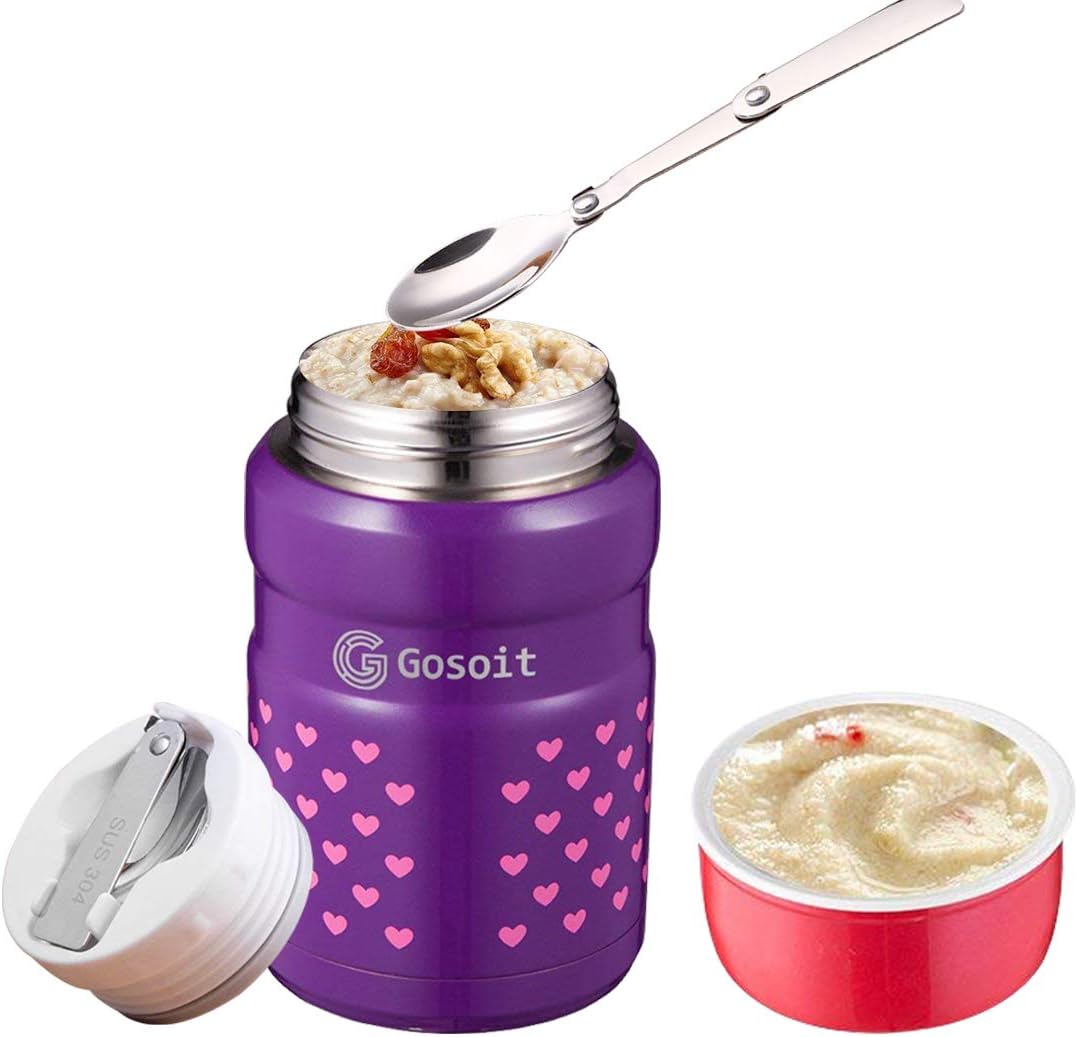 Insulated Stainless Steel Thermos Food Jar Thermos Kids Baby Food Storage Funtainer, Leak Proof Thermal Vacuum Lunch Containers with Folding Spoon for Kids School Picnic Camping Travel 17 oz