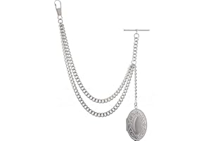 HOLY SINS JEWELLERY Handmade in The UK Silver Colour Albert Pocket Watch Chain with Oval Locket Pendant