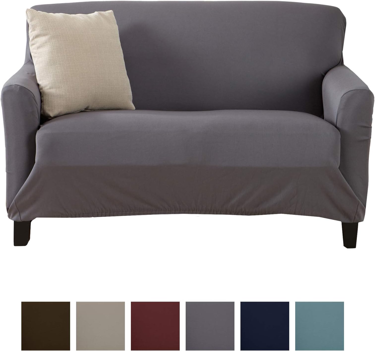 Home Fashion Designs Solid Twill Love Seat Slipcover. One Piece Stretch Loveseat Cover. Strapless Love Seat Cover for Living Room. Brenna Collection Slipcover.  (Love Seat, Charcoal - Solid)