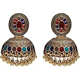 Vintage Round Ball Tassel Beads Stud Earrings For Women Bohemian Ethnic Retro Style Chandelier Colorful Crystal Gypsy Dangling Drop Earring Jhumka Jhumki Indian Bollywood Tribal Statement Jewelry Gift