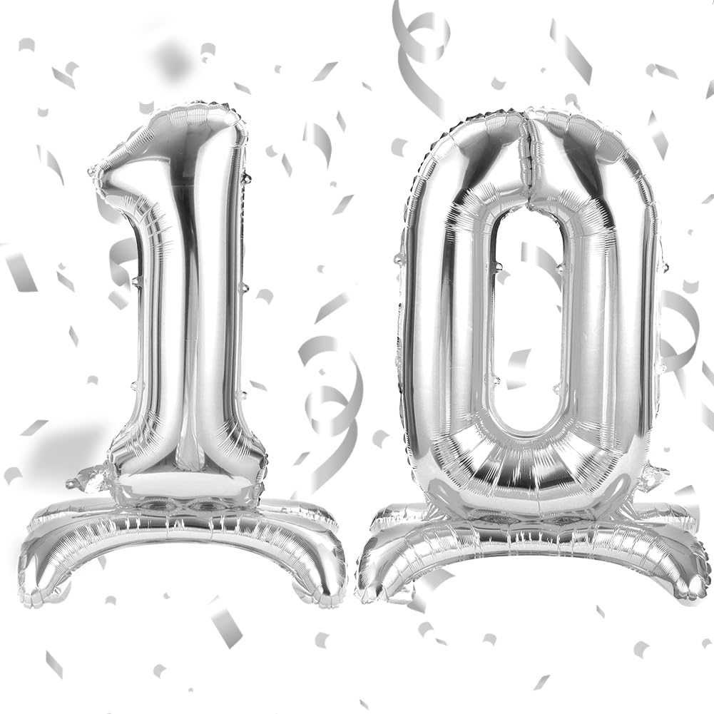 APXEL Silver Standing Number 10 Balloons, 40 Inch Large Foil Number 1 & 0 Balloons, Self Inflating 10th Birthday Balloon for 10 Year Anniversary Birthday Party Christmas Decorations Supplies