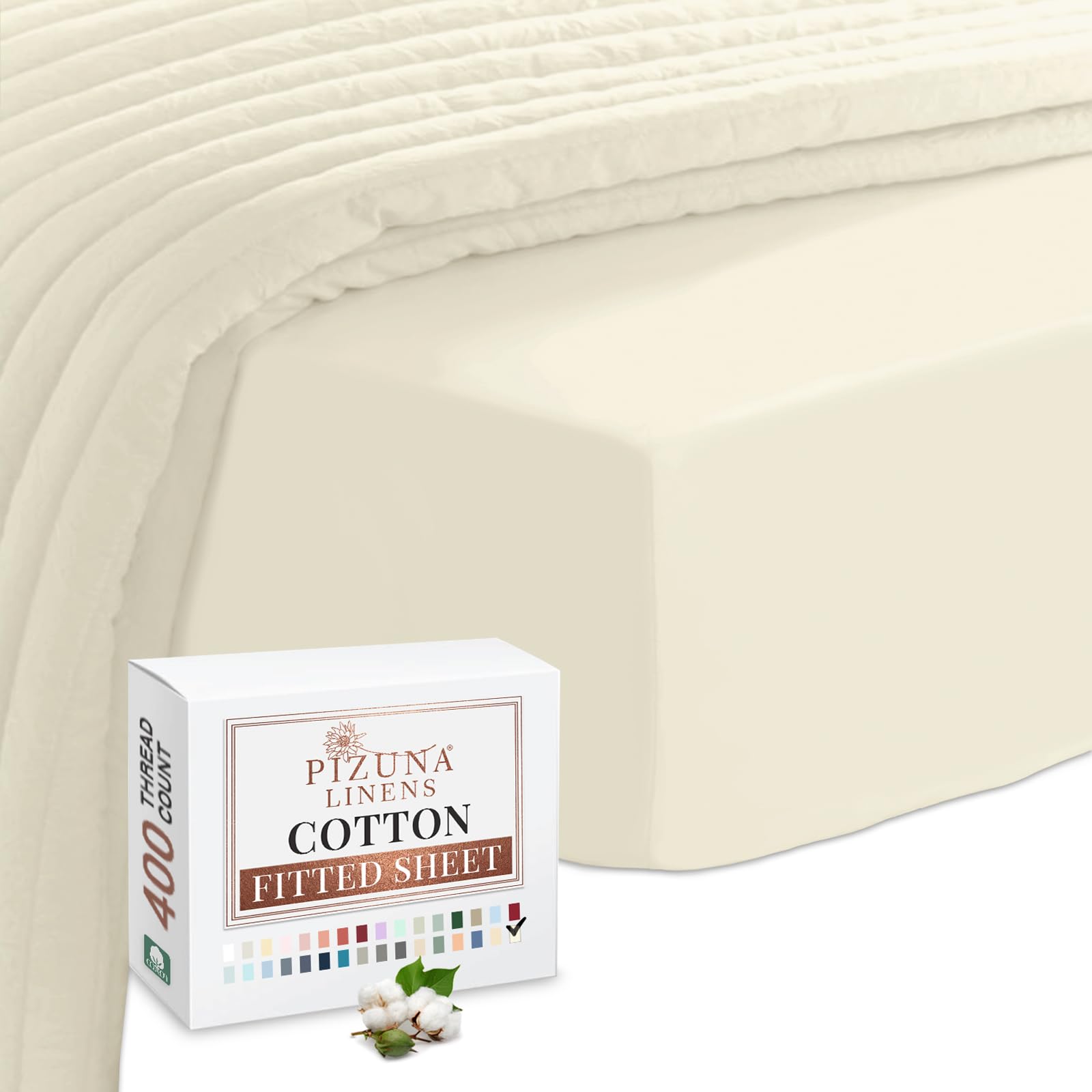Pizuna 100% Cotton EU Single Fitted Sheet Ivory, 400 Thread Count Long Staple Cotton Fitted Sheet Single Bed 100 X 200cm, Sateen Weave Cooling Fitted Sheet Extra Deep 40 cm 1 PC Ivory
