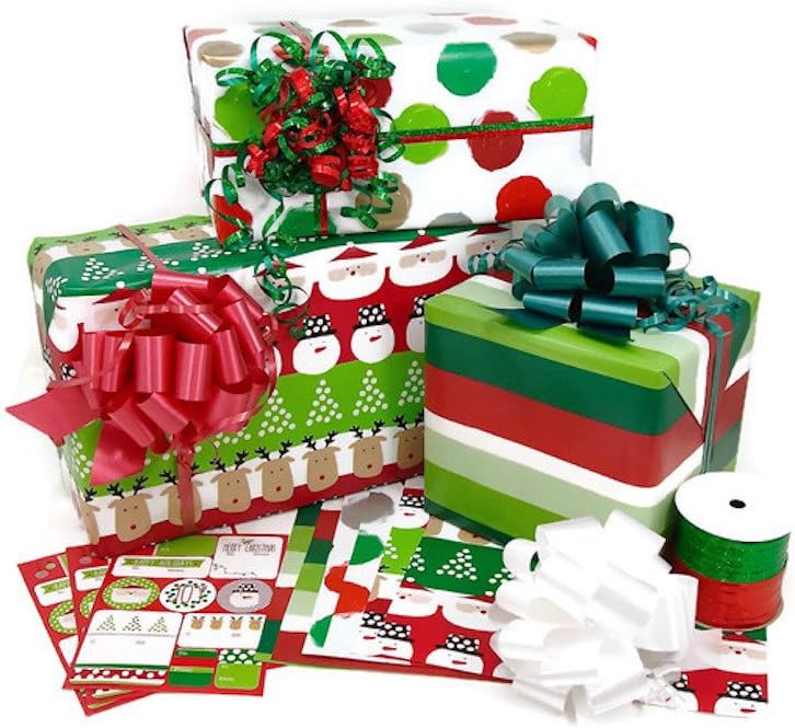 Christmas Rolled Premium Gift Wrap Ribbon and Gift Tags Kit