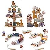 Large Wooden Lacing Toy Stacking Toys, Animals Stacking Blocks Balance Game, Threading Toys for Toddlers 3 4 5 Years Old, Edu