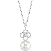 The Pearl Source 14K Gold 8-9mm Round White Freshwater Cultured Pearl & Diamond Lacy Pendant Necklace for Women