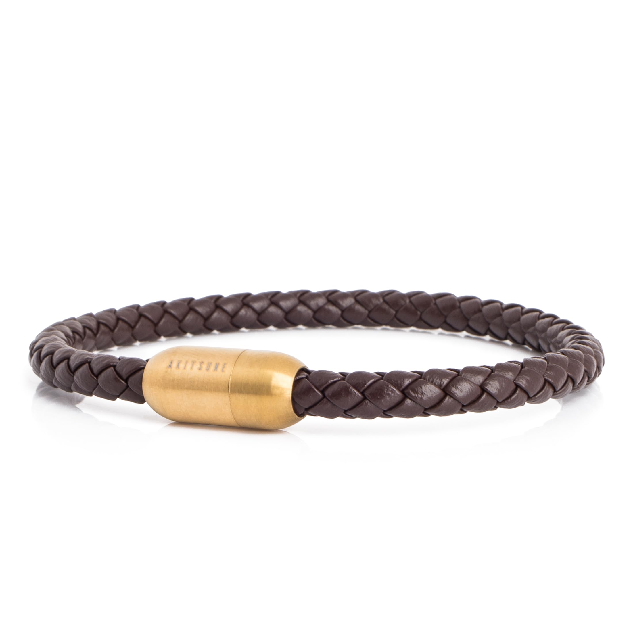 Akitsune Silva Leather Bracelet Magnetic Closure | 5mm | Link Bangle Trinket Women Stainless Steel Simple Bracelet - Gold - Brown 19,50cm — image 1