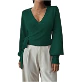 SHENHE Women's Casual V Neck Wrap Sweater Pullover Long Sleeve Slim Fit Knit Crop Top Sweater