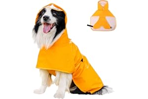 ExploreU Dog Raincoat, Waterproof Windproof Dog Rain Jacket with Hood, Rain Coat with Leash Hole, Adjustable Raincoat Poncho for Small Medium Large Dogs Outdoor (Yellow, Medium)