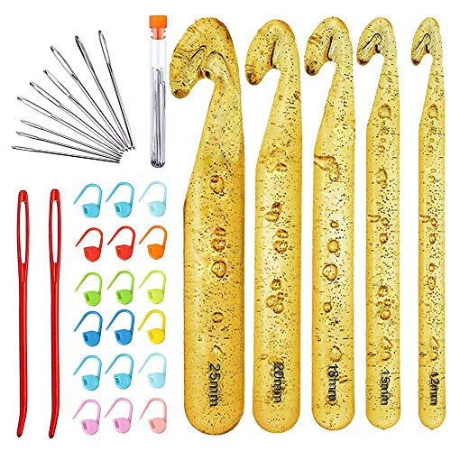 Huge Crochet Hook Set,9 Pieces Large-Eye Blunt Needles,12mm-25mm Large Size Yarn Crochet Hooks Needles with 20 Stitch Markers and 2 Tapestry Needle