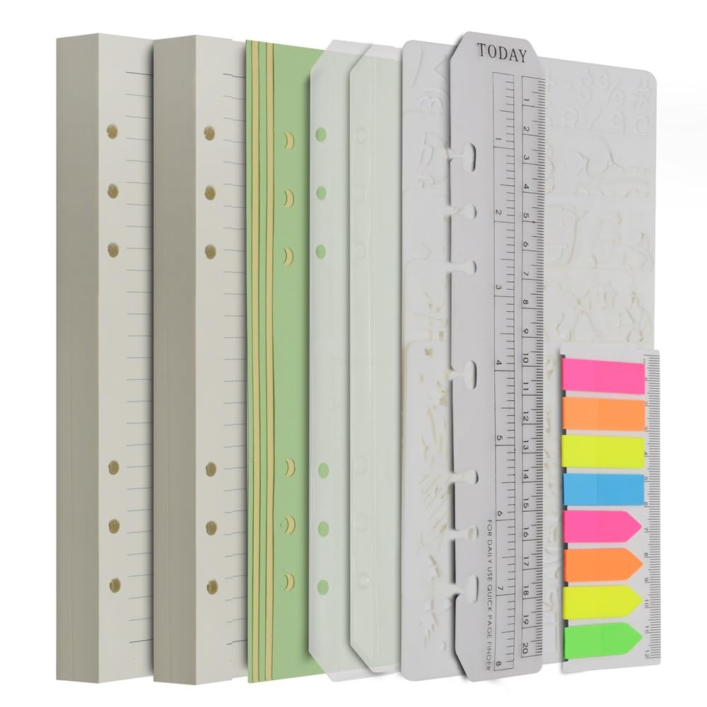 Wonderpool 320 Pages Ruled/Lined Paper Refill A5 Inserts Binder Loose Leaf Paper, Dividers, Pocket, Neon Page Marker, Bookmark, Stencils for Refillable 6 Ring Binder Journal Notebook Diary Planner(A5)