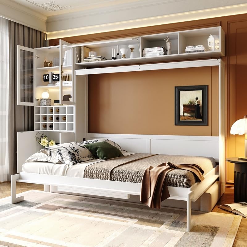 Photo 1 of ****Stock photo for reference ******Queen Size Murphy Bed with Sofa Function - Space-Saving Wall Bed, Shelves USB and Light, for Small Apartments/Studios, White