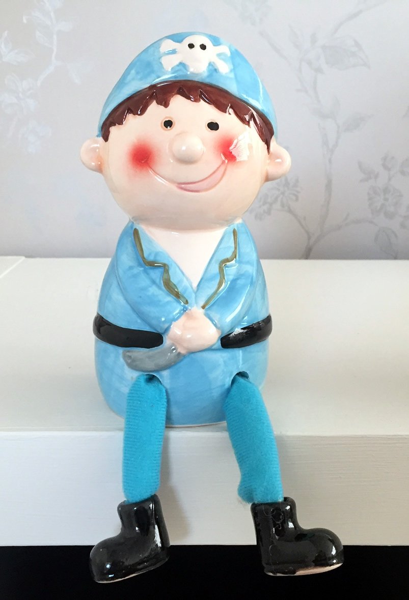 Ceramic Pirate with Dangly Legs Shelf Sitter Money Bank (BLUE JACKET)