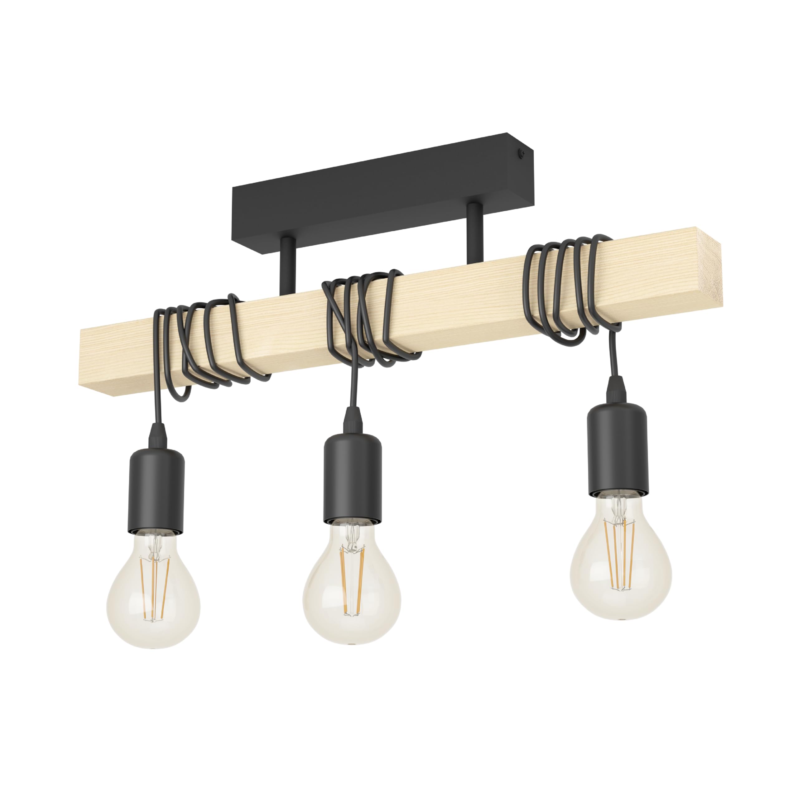 Eglo Townshend 3-Bulb Rise and Fall Ceiling Light, Industrial/Vintage Design and Retro Pendant Lighting Made of Steel and Wood, Black and Brown, E27 Socket