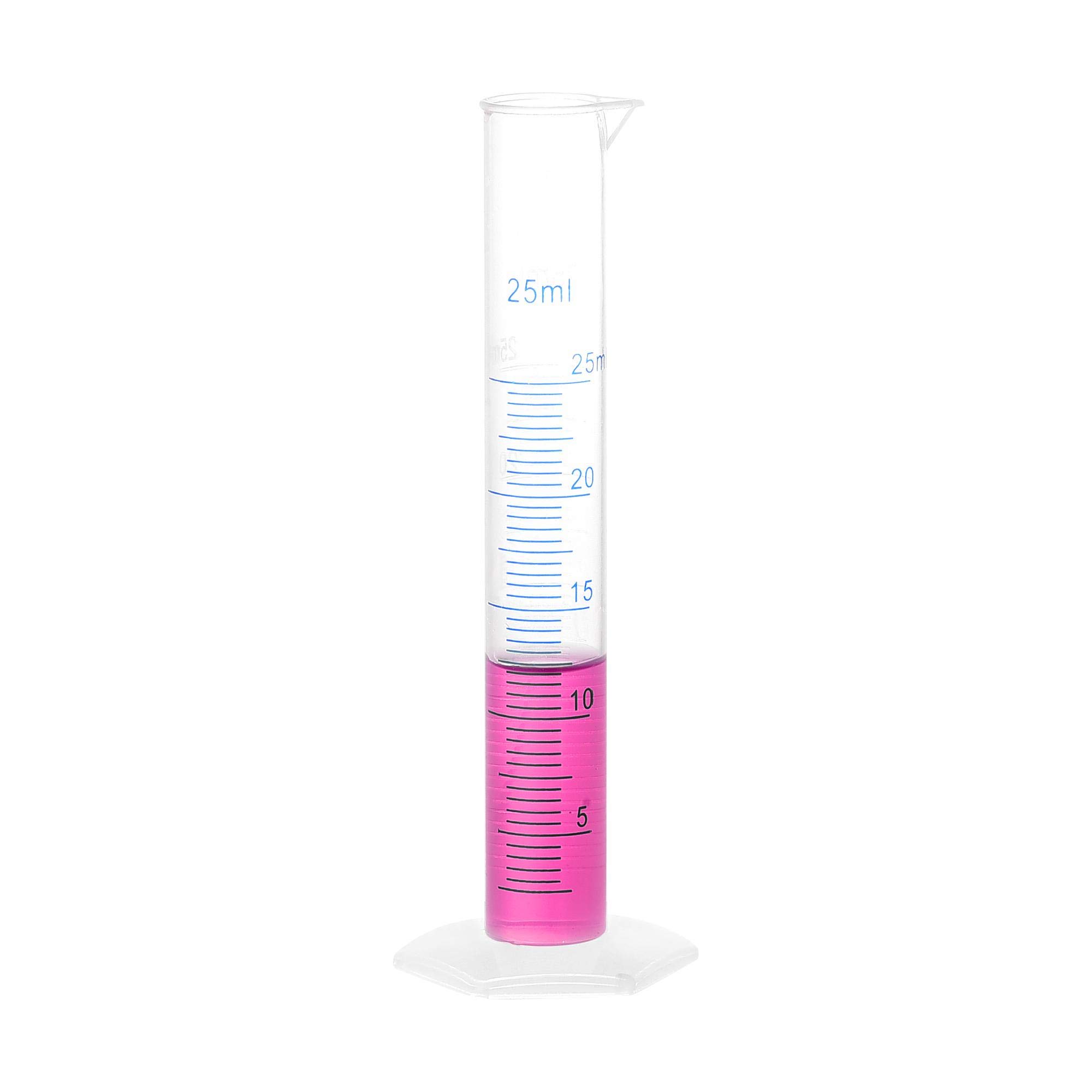 sourcing map Plastic Graduated Cylinder, 25ml Measuring Cylinder, Science Test Tube Beakers, 2-Sided Metric Marking, Clear Hex Base for Lab Home