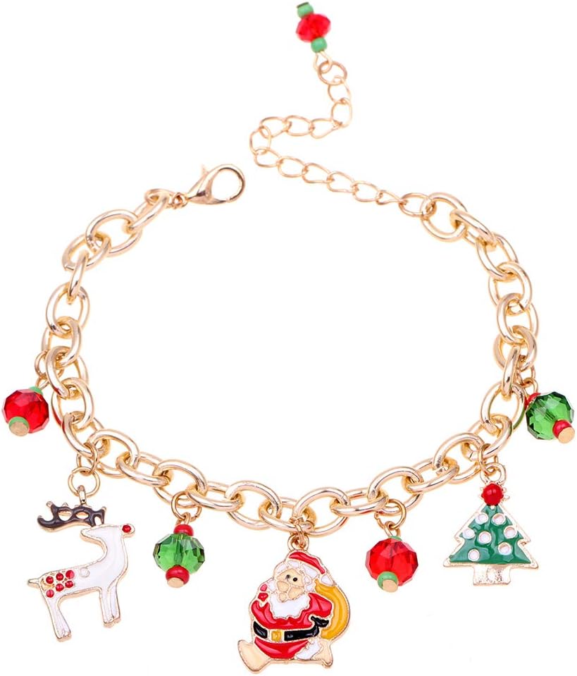 AIUIN Golden Christmas Charm Bracelet Santa Claus Reindeer Pendant Chain Bracelet Womens Girls Party Wedding Jewellery Accessories