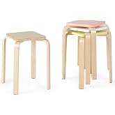 COSTWAY 18-Inch Stackable Wooden School Stools Set of 4, Assorted Color | Portable Backless School Chairs with Square Top, Anti-Slip Felt Mats, Stacking Stools for Classroom, Dining Room, Kitchen