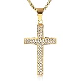 HZMAN Mens Iced Out Cross Cz Inlay Pendant 18k Gold Plated Stainless Steel Hip-Hop Necklace 24"