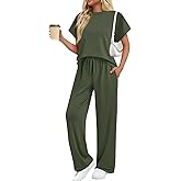 Tankaneo Womens 2 Piece Lounge Sets Short Sleeve Tops Wide Leg Pants Set Casual Matching Vacation Travel Outfits
