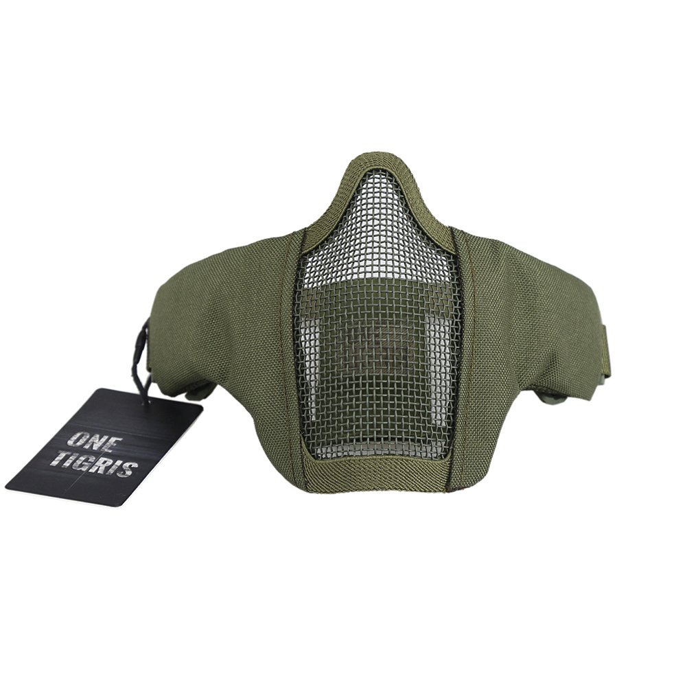 OneTigris 6" Tactical Foldable Half Face Mask Protective Mesh Mask for Airsoft Paintball CS with Adjustable and Elastic Belt Strap(OD Green), One Size