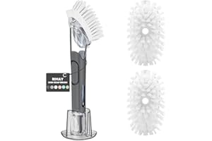 Soap Dispensing Replacement Dish Brush Storage Set with 2 PCS Brush Refills & Holder - RIMAY Dispenser Scrub Cleaning Scrubber Kitchen Dishwashing Dish Wand Handle for Dishes/Pans/Pots/Sink(Black)