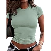 WDIRARA Women's Basic Crew Neck Short Sleeve T Shirt Fitted Tee Going Out Crop Top