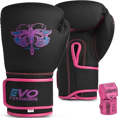 EVO Fitness Ladies Boxing Gloves Pink 12 OZ with Hand Wraps Mesh Ventilation