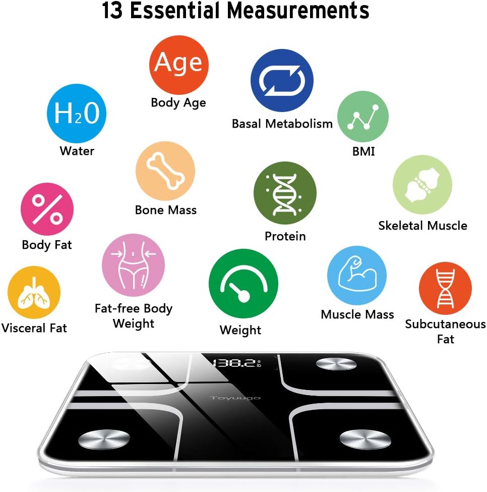 Toyuugo Bluetooth Body Fat Bathroom Scale,Scales Digital Weight,Weight Scale,Body Composition Analyzer Wireless BMI with Smart Phone App Scales,396 Pounds / 180kg Max (Black): Home & Kitchen
