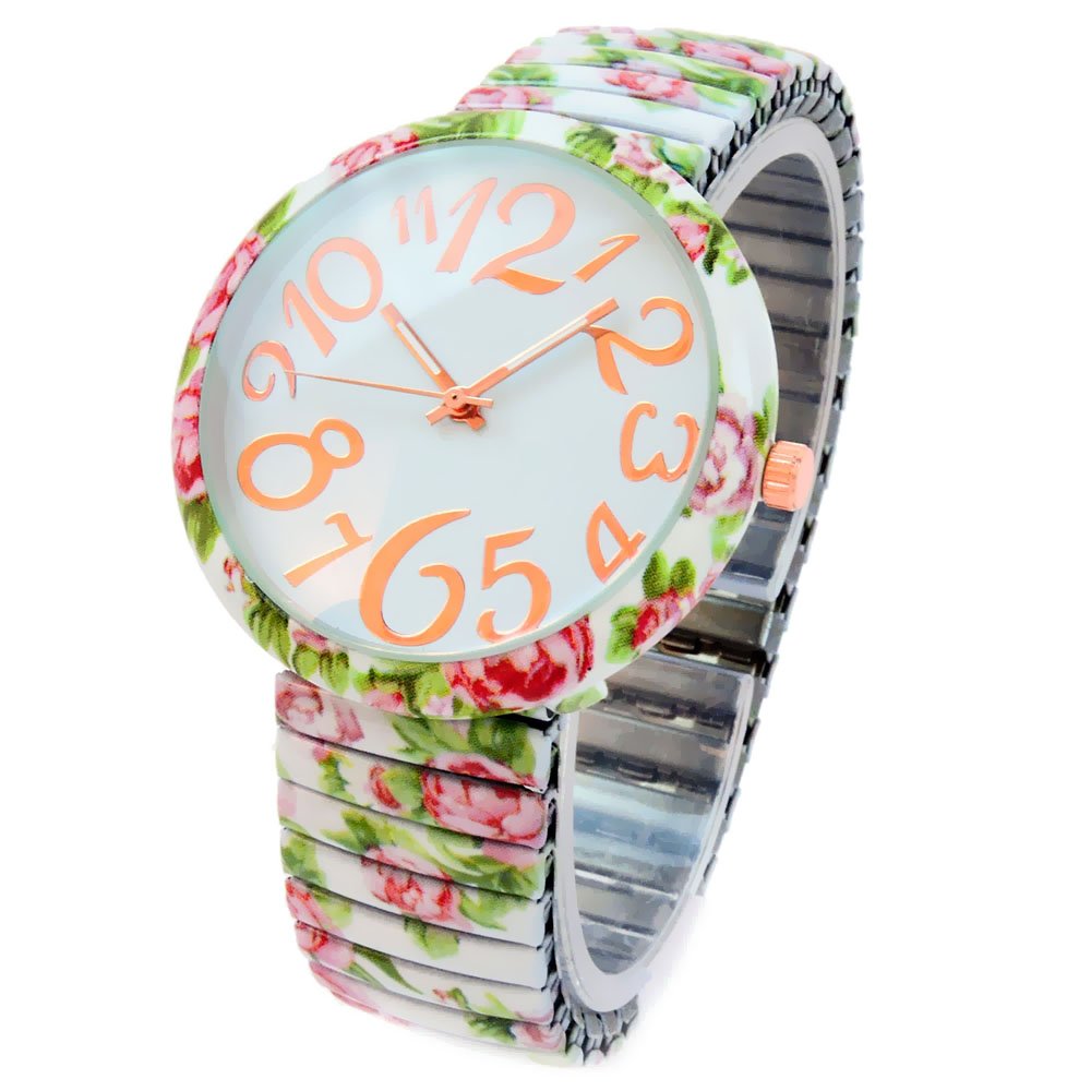 White Roses Floral Print Large Face Easy to Read Stretch Band Extension Women's Watch, Quartz Movement