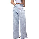 WDIRARA Girl's Bowknot Embroidery Wide Leg Jeans Y2k Baggy Denim Pants