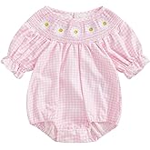 Aiwpstoin Infant Baby Girl Plaid Bubble Romper Clothes Daisy Embroidery Short Sleeve Smocked Bodysuit Summer Outfit
