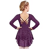 Arshiner Girls Long Sleeve Ballet Leotards with Shinny Skirts Criss-Cross Back Dance Dresses