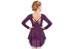 Arshiner Girls Long Sleeve Ballet Leotards with Shinny Skirts Criss-Cross Back Dance Dresses