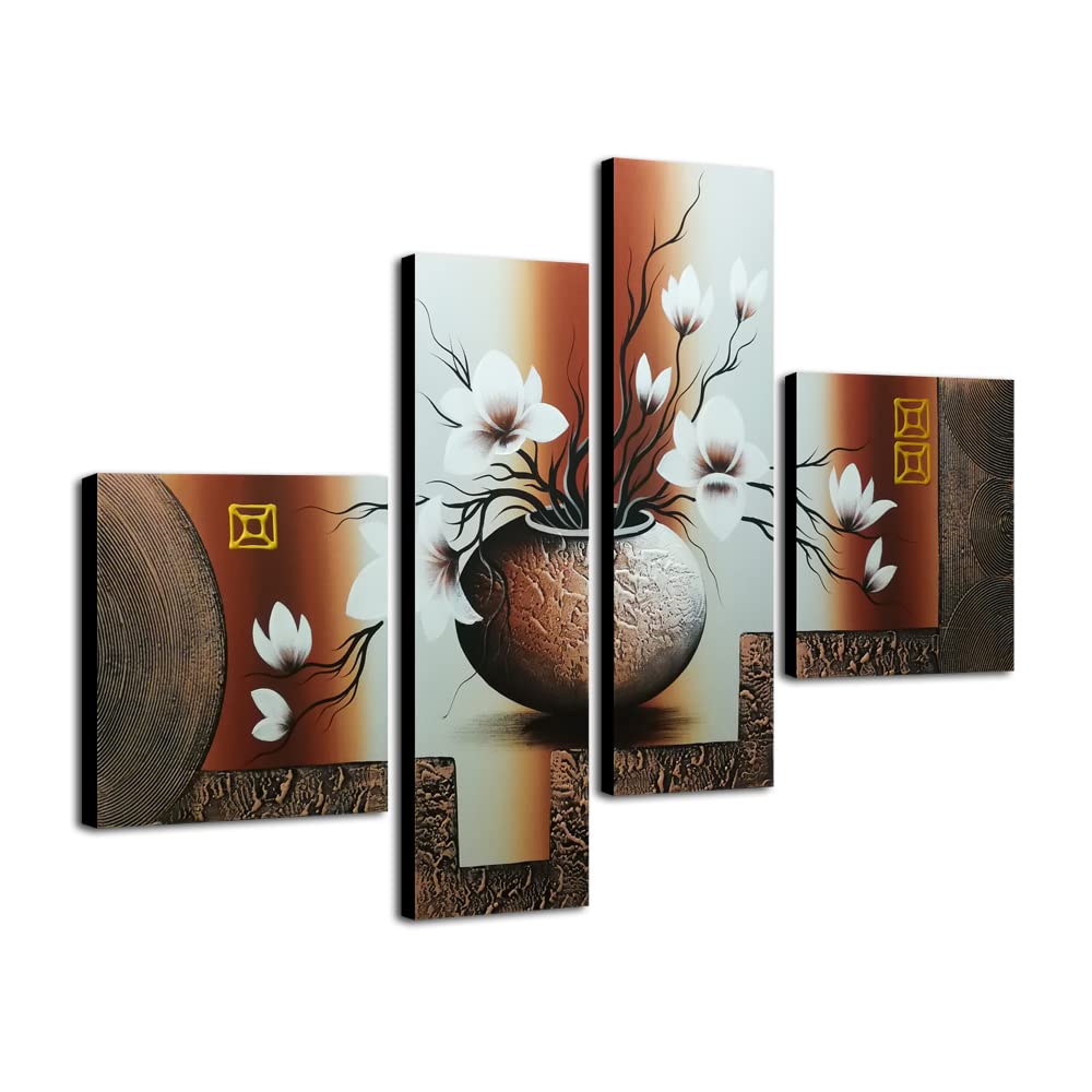 Wieco Art - Elegant Flowers Modern Stretched and Framed Artwork 4 Piece 100% Hand Painted Floral Oil Paintings on Canvas Wall Art Ready to Hang for Living Room Bedroom Home Decorations