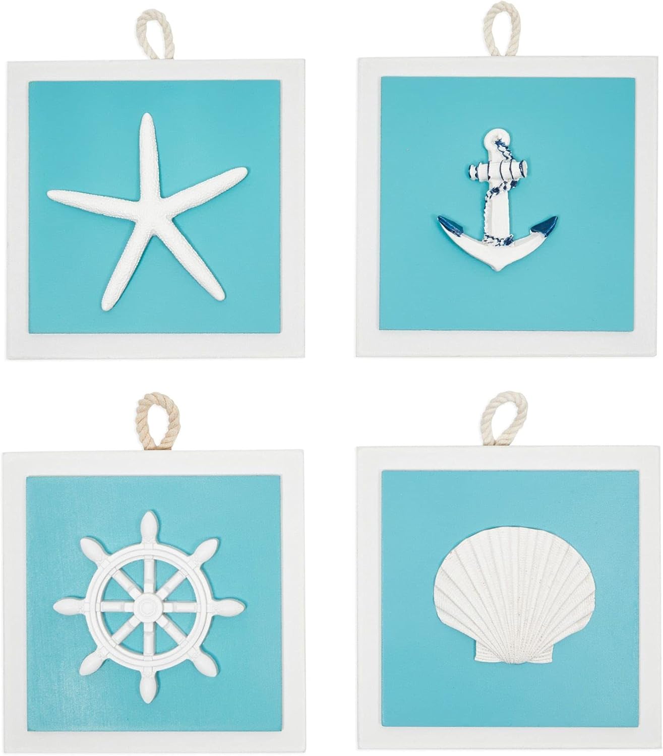 Okuna Outpost Beach Home Wall Décor, Starfish and Seashell Decorations (Blue, 4 Piece Set)