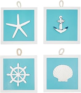 Okuna Outpost Beach Home Wall Décor, Starfish and Seashell Decorations (Blue, 4 Piece Set)