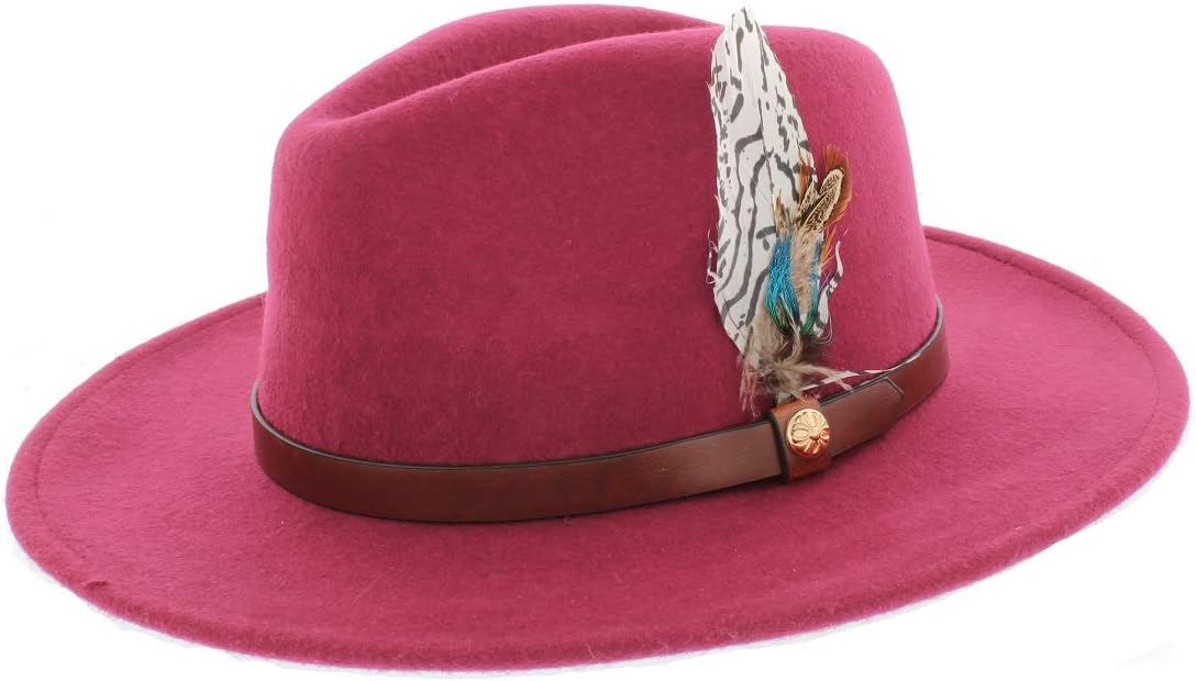 Ladies Coloured 100% Wool Fedora with Feather Trim 57cm Adjustable