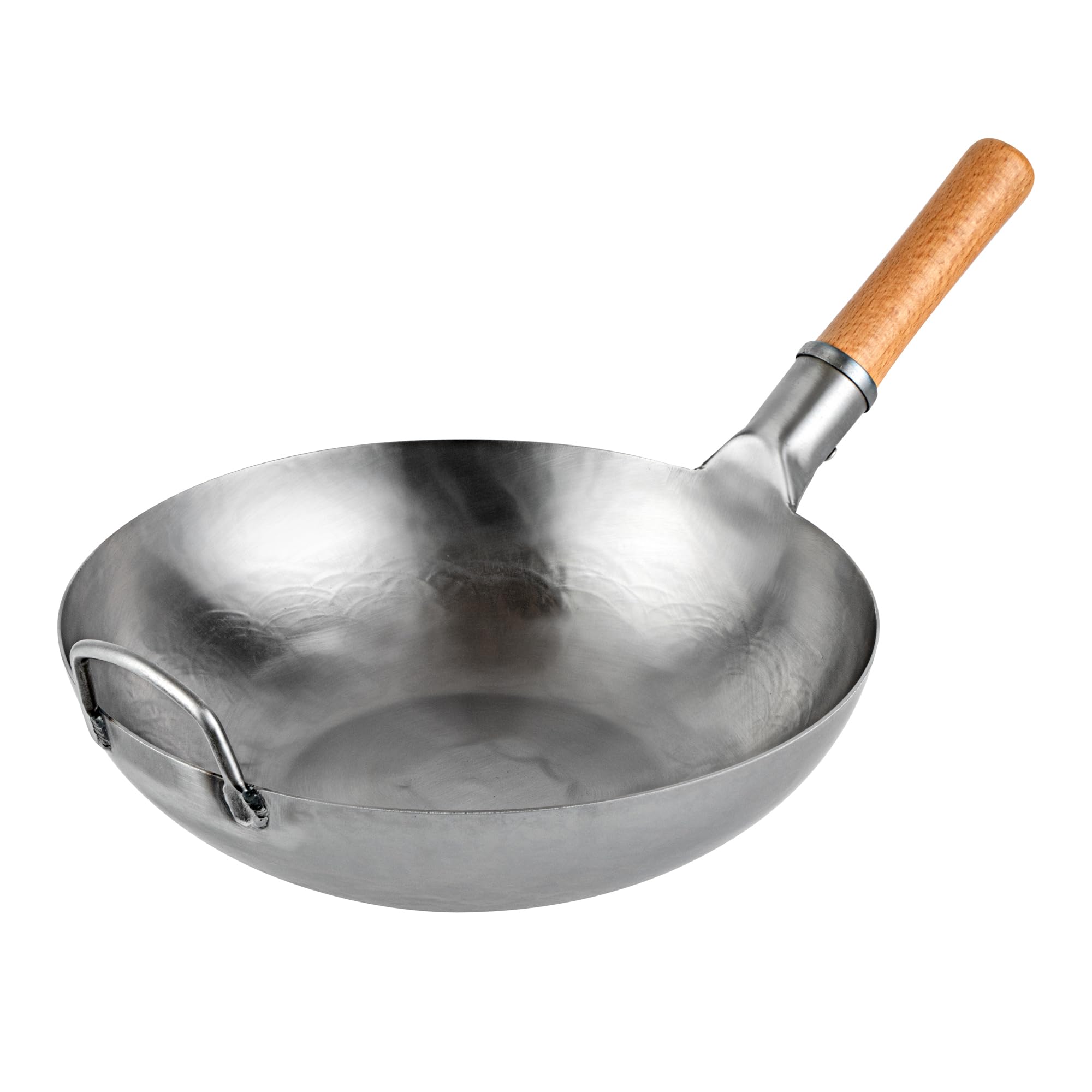 Photo 1 of Restaurantware Motomori 13.5 Inch Hand-Hammered Carbon Steel Wok, 10 Traditional Japanese Wok - Flat Bottom, Wooden Handle, Black Carbon Steel Traditional Stir Fry Pan, With Helper Handle