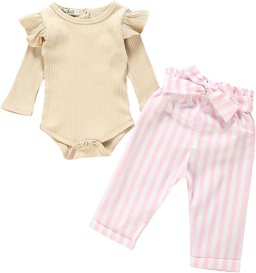 Baby Long Sleeve Solid Ruffle Romper Bodysuit Striped Pants Outfits Infant Toddler Baby Girl Clothes