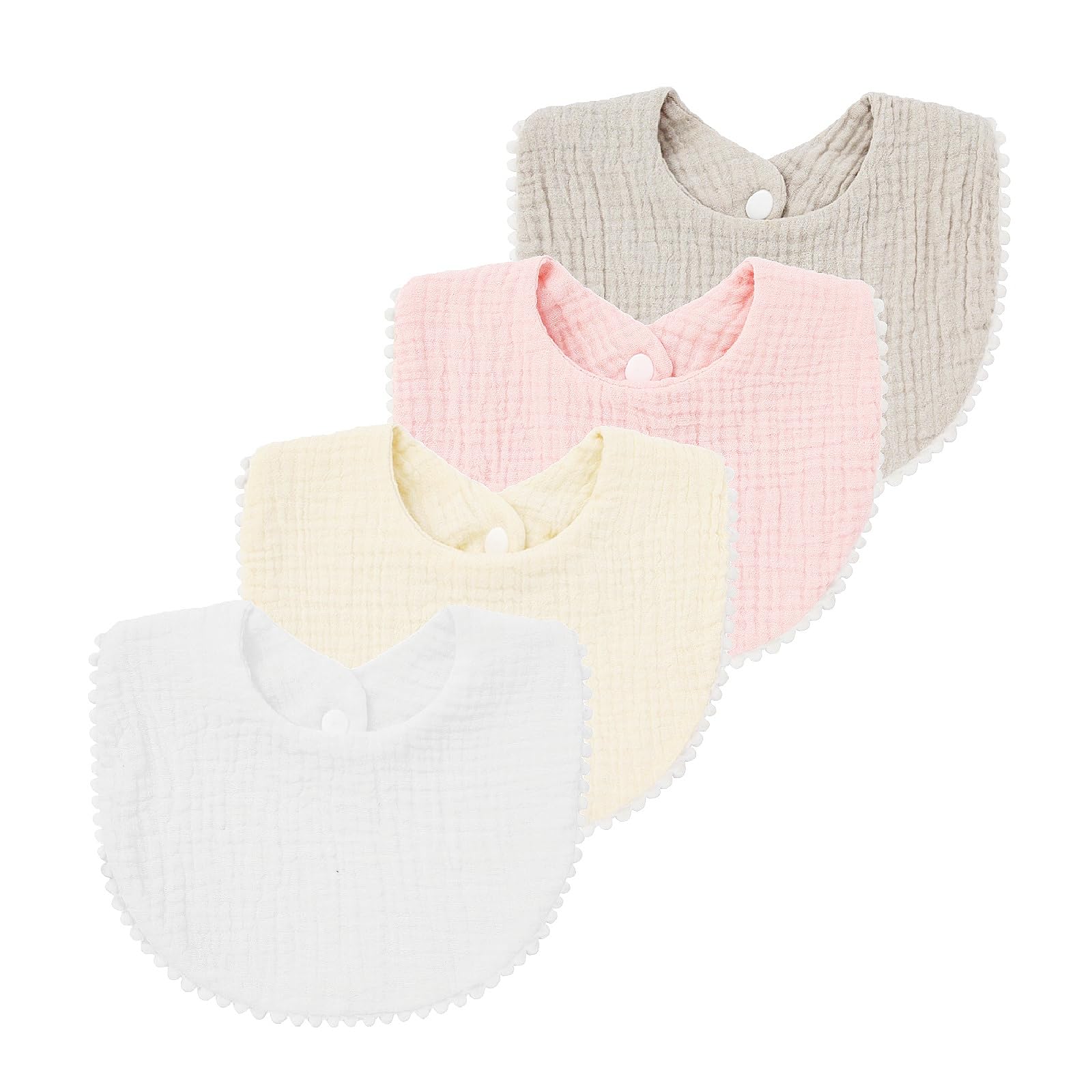 Nishine 4 Pack Muslin Baby Drool Bibs, Toddler Boys Girls Cotton Drooling Teething Bibs with Snap (White Pack-4pcs)