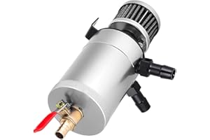 BOMLING Universal Baffled Oil Catch Can with Breather Filter and Drain Valve 2 Ports (oulet + inlet),150ml Billet Aluminum Oil Separator Catch Can Oil Reservoir Tank,4 Adapters/Screws/Washers Included,Silver