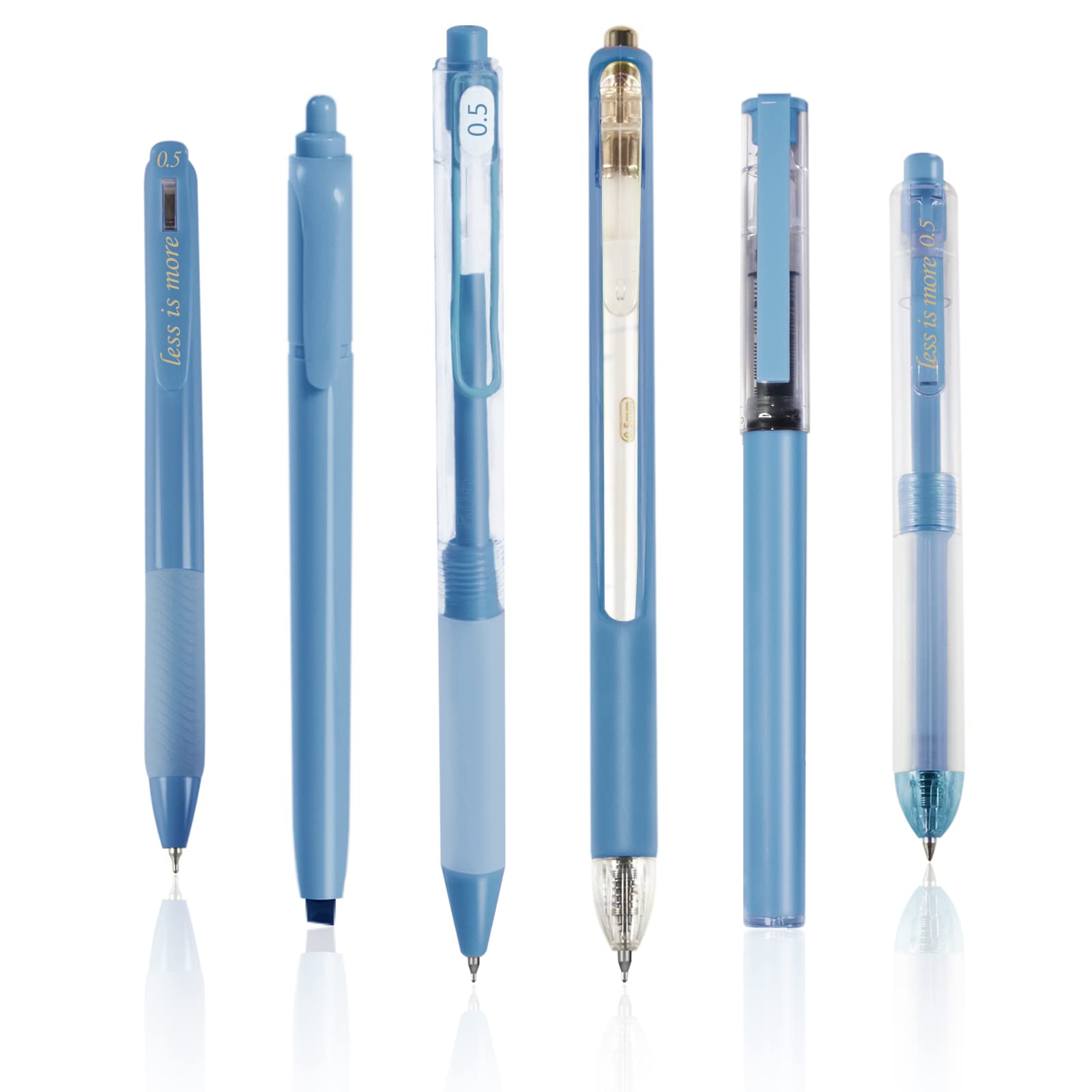 BAYTORY 5Pcs Gel Pens and 1Pc Highlighter, Quick Dry Ink Pen Fine Point Black 0.5mm, Aesthetic Retractable Rolling Ball Pen Smooth Writing for Journaling (Blue)